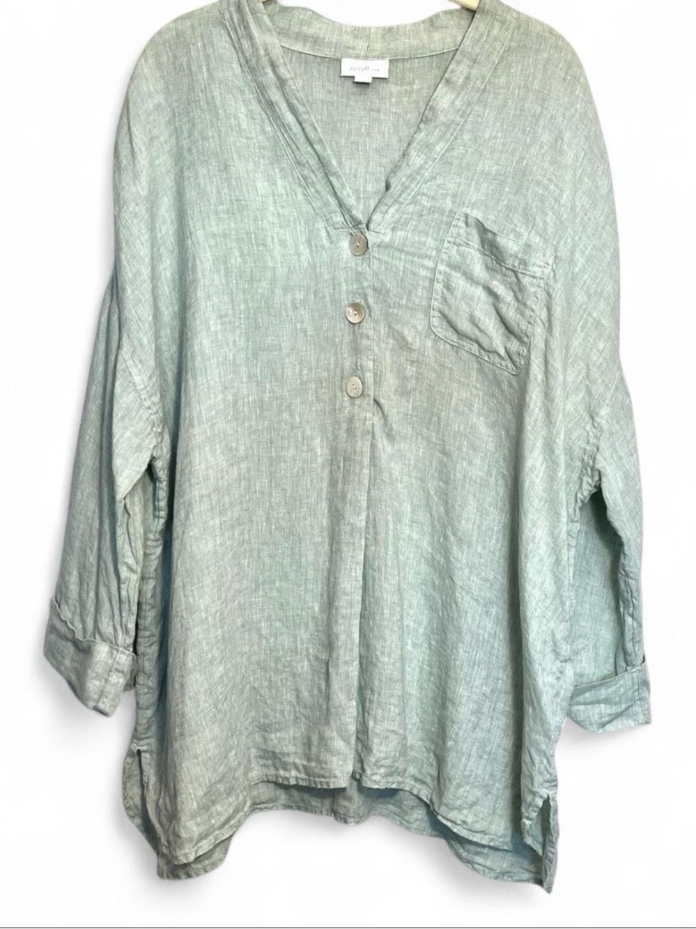 Pure Jill Green 100% Linen 3/4 Sleeve Pullover Button Tunic 2X Coastal Relaxed